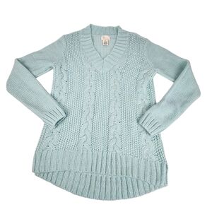 Andrea Jovine Small Cable Knit V Neck Sweater Chunky Wool Alpaca Blue Green Teal